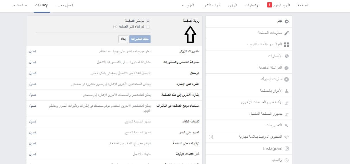 صفحة فيسبوك وضعية الغاء نشر الصفحة