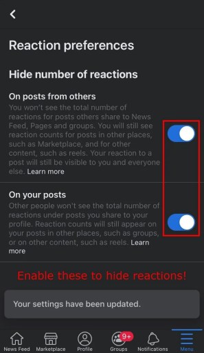 إخفاء ردود فعل الفيسبوك